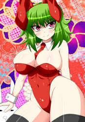  animal_ears between_breasts black_thighhighs blush breasts clothes_between_breasts commentary_request covered_navel curvy fake_animal_ears female green_hair highleg highleg_leotard huge_breasts kazami_yuuka leotard partial_commentary playboy_bunny rabbit_ears red_eyes red_leotard sawa_(snack_yoshie) short_hair skindentation smile solo thighhighs touhou wide_hips 