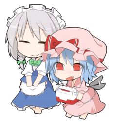  2girls :d ^_^ apron bat_wings blue_dress bow box chibi closed_eyes commentary_request dress flapping full_body hat hat_bow highres izayoi_sakuya ladfa maid maid_headdress mob_cap multiple_girls oerba_yun_fang open_mouth pink_dress puffy_short_sleeves puffy_sleeves remilia_scarlet shirt short_sleeves skirt skirt_set smile touhou transparent_background vest waist_apron wings 