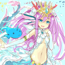  :&lt; armlet blue_eyes blush breasts bridal_gauntlets bubblie_(p&amp;d) cleavage commentary_request coral creature female fins frills groin hair_ornament hand_on_own_shoulder head_fins horns jewelry long_hair mermaid midriff monster_girl navel open_mouth photoshop_(medium) purple_hair puzzle_&amp;_dragons single_horn siren_(p&amp;d) small_breasts solo tiara underwater water yukitarou_(awamori) 