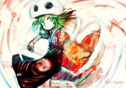  1other androgynous anmita_(rarutos) bad_id bad_pixiv_id bone commentary_request detached_sleeves ex-sese green_eyes green_hair japanese_clothes kitsugai_sese len&#039;en open_mouth other_focus short_hair skull-shaped_hat smile solo 