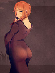  ass at2. back black_dress blush braid commentary_request dress female green_eyes highres long_hair looking_at_viewer looking_back minecraft orange_hair smile solo villager_(minecraft) 