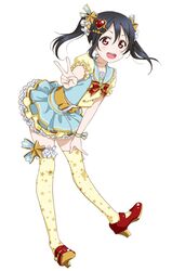  :d akimoto_(akmt_t) belt commentary_request female full_body hair_between_eyes hand_on_own_knee high_heels love_live! love_live!_school_idol_project open_mouth red_eyes red_footwear shoes short_sleeves simple_background smile solo star_(symbol) star_print thighhighs twintails v white_background yazawa_nico zettai_ryouiki 