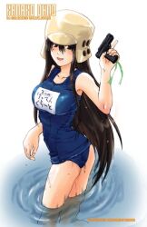  ass black_eyes black_hair cosplay genshiken gun kujibiki_unbalance long_hair ohno_kanako one-piece_swimsuit oono_kanako school_swimsuit swimsuit water weapon wet 