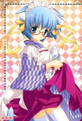  absurdres animal_ears apron bashamichi blue_eyes blue_hair cat_ears cat_tail checkered_background clothes_lift female glasses hakama hakama_skirt highres japanese_clothes lolita_fashion maid_headdress purple_hakama shigunyan skirt skirt_lift solo tabitha_(zero_no_tsukaima) tail teapot thighhighs wa_lolita white_thighhighs yagasuri zero_no_tsukaima 