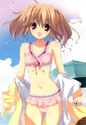  absurdres bikini blush brown_hair female fumio_(ura_fmo) highres navel open_mouth pink_bikini sakura_sakura solo swimsuit tachibana_kurumi twintails 