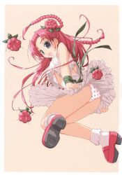  absurdres akata_itsuki ass bad_link black_eyes bra braid clothes_lift copyright_request female flower food from_below fruit hair_flower hair_ornament highres midriff open_mouth panties photoshop_(medium) pink_hair raspberry shoe_soles shoes skirt skirt_lift socks solo underwear 