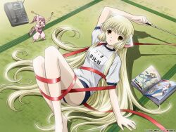  2girls android bare_legs barefoot blonde_hair brown_eyes buruma chii chobits cordless_phone entangled gym_uniform gymnastics_ribbon highres imageboard_desourced jpeg_artifacts kimura_masahiro long_hair lying mini_person minigirl multiple_girls name_tag non-web_source official_art on_back phone red_ribbon resized ribbon robot_ears scan sumomo_(chobits) tatami upscaled very_long_hair watermark 