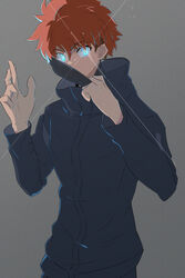  1boy black_blindfold black_jacket black_pants blindfold blindfold_lift crossed_fingers domain_expansion emiya_shirou fate/stay_night fate_(series) hair_pulled_back high_collar highres hood hoodie jacket jujutsu_kaisen jujutsu_tech_uniform magic_circuit male_focus pants red_hair satoru_gojo_(cosplay) shokobr 