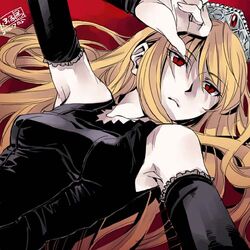  armpits black_dress blonde_hair crown dress elbow_gloves female furudori_yayoi gloves hat hime_(kaibutsu_oujo) kaibutsu_oujo long_hair lowres red_eyes solo 