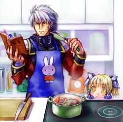  1boy age_difference apron blonde_hair book cooking cooking_pot female irui_guneden kitchen kitchen_knife knife ladle lowres miffy miffy_(character) nakamura_kanko reading sanger_zonvolt stove super_robot_wars weighing_scale white_hair 