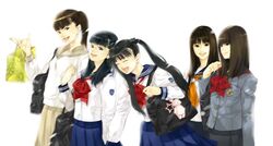  5girls aino_minako bag bishoujo_senshi_sailor_moon bishoujo_senshi_sailor_moon black_hair blue_sailor_collar bow brown_hair closed_eyes furudori_yayoi glasses happy hino_rei juuban_middle_school_uniform kino_makoto kino_makoto&#039;s_school_uniform long_hair mizuno_ami multiple_girls open_mouth ponytail realistic red_bow sailor_collar school_uniform serafuku shiba_koen_middle_school_uniform simple_background smile ta_girls_school_uniform tsukino_usagi twintails white_background 