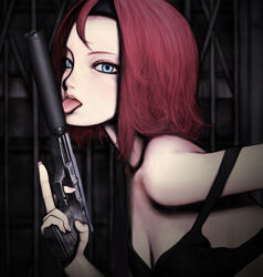  breasts cleavage female gun handgun holding holding_gun holding_weapon iwai_ryou licking medium_breasts original photoshop_(medium) red_hair solo suppressor walther walther_p99 weapon 