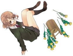  blonde_hair brown_eyes chrysanthemum copyright_request female flower full_body furudori_yayoi glasses kneehighs loafers necktie school_uniform shoes simple_background skirt smile socks solo sweater 