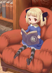  alice_(odin_sphere) blonde_hair blue_dress book book_focus bookshelf dress female figo full_body hair_ribbon holding holding_book indoors lolicon long_sleeves odin_sphere open_book pantyhose reading red_eyes ribbon shelf sitting solo striped twintails 