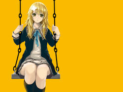  air_gear black_socks blonde_hair cradle_(circle) female hair_ornament hairclip long_hair looking_at_viewer misaki_kurehito neck_ribbon orange_background orange_eyes panties pantyshot photoshop_(medium) ribbon school_uniform simple_background skirt socks solo sumeragi_kururu swing underwear upskirt x_hair_ornament 