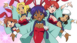  5girls animal_ears bathhouse_bunnygirls blonde_hair blush_stickers brown_hair company_connection dark-skinned_female dark_skin earrings electra_(nadia) fishnet_legwear fishnet_pantyhose fishnets fushigi_no_umi_no_nadia gainax grandis_granva ikolina_(nadia) jewelry king_(nadia) marie_en_carlsberg multiple_girls nadia_la_arwall nekomata_naomi pantyhose parody playboy_bunny purple_hair rabbit_ears short_hair tengen_toppa_gurren_lagann 