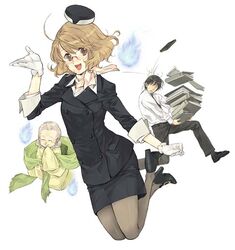  1boy 2girls ascot blonde_hair book book_stack brown_eyes carrying copyright_request furudori_yayoi glasses holding holding_book multiple_girls pantyhose pencil_skirt skirt travel_attendant uniform 