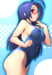  blue_hair breasts competition_swimsuit female highleg highleg_swimsuit idolmaster idolmaster_(classic) idolmaster_1 large_breasts leaning_forward long_hair miura_azusa one-piece_swimsuit red_eyes seki_suzume sideboob solo swimsuit 