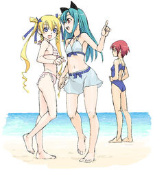  3girls aqua_hair barefoot beach bikini blonde_hair blue_one-piece_swimsuit day frilled_bikini frills green_hair hair_ribbon hands_on_own_hips hayama_kotono hijiri_misaki index_finger_raised legs long_hair multiple_girls navel oerba_yun_fang one-piece_swimsuit open_mouth outdoors photoshop_(medium) red_hair ribbon saint_october satou_atsuki shirafuji_natsuki short_hair standing swimsuit twintails 