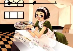  black_hair checkered copyright_request female furudori_yayoi glasses maid shop short_hair solo tray window 