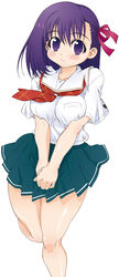  bare_legs breasts breasts_squeezed_together cosplay fate/stay_night fate_(series) female hands kibina_high_school_uniform kimi_kiss looking_at_viewer matou_sakura medium_breasts own_hands_together parody photoshop_(medium) purple_eyes purple_hair school_uniform solo standing standing_on_one_leg thick_thighs thighs v_arms yamaguchi_homupe 