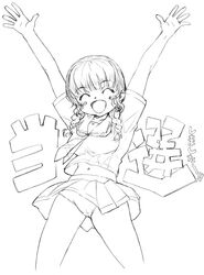  :d \o/ ^_^ arms_up blush_stickers braid closed_eyes female greyscale hands kibina_high_school_uniform kimi_kiss mizusawa_mao monochrome navel open_mouth outstretched_arms panties school_uniform sketch smile solo underwear yamaguchi_homupe 