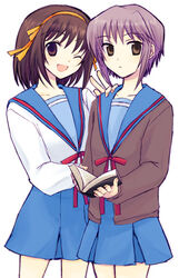  2girls blue_sailor_collar blue_skirt book brown_hair cardigan kita_high_school_uniform long_sleeves multiple_girls nagato_yuki sailor_collar school_uniform serafuku shima_tokio short_hair skirt suzumiya_haruhi suzumiya_haruhi_no_yuuutsu winter_uniform 