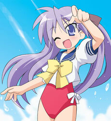  :d blue_eyes blush bow bowtie casual_one-piece_swimsuit chirorian female hiiragi_kagami light_rays long_hair lowres lucky_star no_pants one-piece_swimsuit one_eye_closed open_mouth photoshop_(medium) purple_hair ryouou_school_uniform school_uniform sea_spray serafuku smile solo sunbeam sunlight swimsuit swimsuit_under_clothes twintails yellow_bow yellow_bowtie 