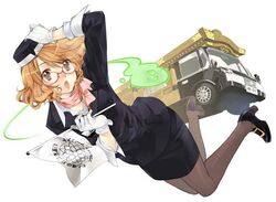  ascot bad_link blonde_hair brown_eyes bus copyright_request female flag furudori_yayoi glasses gloves hand_on_headwear hat high_heels motor_vehicle open_mouth pantyhose pencil_skirt shoes skirt solo travel_attendant uniform 