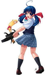  alternate_costume bag blue_eyes blue_hair days_of_memories fatal_fury female ferret futaba_hotaru garou:_mark_of_the_wolves gato_(snk) itokatsu_(garou) low_twintails mascot mizuki_gyokuran photoshop_(medium) school_bag school_uniform smile snk socks solo twintails 