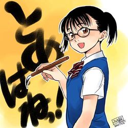  bad_link brush calligraphy calligraphy_brush female furudori_yayoi glasses hino_hiromi ink lowres paintbrush school_uniform short_twintails solo sweater sweater_vest tomehane! twintails vest 