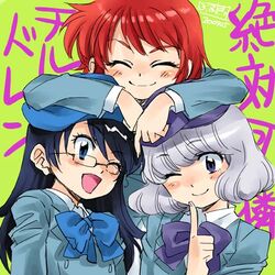  3girls akashi_kaoru b.a.b.e.l._uniform bad_link blue_eyes blue_hair blush bow closed_eyes furudori_yayoi glasses grey_hair lowres multiple_girls nogami_aoi one_eye_closed open_mouth purple_eyes red_hair sannomiya_shiho school_uniform short_hair smile the_children zettai_karen_children 