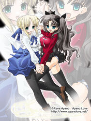  2girls artoria_pendragon_(fate) ayano_rena black_pantyhose black_thighhighs breast_press breasts fate/stay_night fate_(series) long_legs medium_breasts multiple_girls pantyhose saber_(fate) symmetrical_docking thighhighs tohsaka_rin turtleneck 