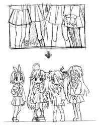  4girls :3 :d greyscale hiiragi_kagami hiiragi_tsukasa izumi_konata long_hair lowres lucky_star monochrome multiple_girls nekono_osero open_mouth pantyhose short_hair siblings sisters smile takara_miyuki twins twintails 