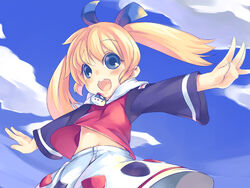  :d blonde_hair blue_eyes blue_sky cloud day female fushigi_mahou_fun_fun_pharmacy long_sleeves looking_at_viewer mikage_sekizai navel open_mouth outstretched_arms photoshop_(medium) popuri_(fushigi_mahou_fun_fun_pharmacy) skirt sky smile solo spread_arms stomach twintails white_skirt 