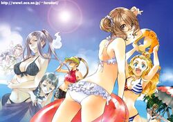  6+girls armpits ass bad_link beach bikini blonde_hair blue_eyes braid breasts brown_eyes brown_hair cloud copyright_request day frilled_bikini frills furudori_yayoi glasses grey_hair innertube large_breasts lens_flare long_hair medium_breasts multiple_girls navel open_mouth outdoors ponytail purple_sarong sarong short_hair sky small_breasts striped_bikini striped_clothes sun swim_ring swimsuit twin_braids umbrella 