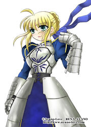  ahoge armor armored_dress artist_name artoria_pendragon_(fate) ayano_rena blonde_hair blue_dress blue_ribbon blush braid breastplate dress fate/stay_night fate_(series) faulds female gauntlets green_eyes hair_between_eyes hair_ribbon hand_up looking_down puffy_sleeves ribbon saber_(fate) sidelocks simple_background solo watermark web_address white_background wind 