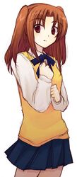  blue_skirt brown_hair female long_hair red_eyes school_uniform shima_tokio skirt solo tsukihime two_side_up yumizuka_satsuki 