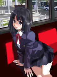  black_eyes black_hair blazer female jacket leaning_forward lips matsumoto_noriyuki nagasaki original photoshop_(medium) pleated_skirt school_uniform sitting skirt solo train_interior 