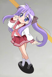  blue_eyes chirorian female full_body grey_background hiiragi_kagami kneehighs loafers long_hair long_sleeves looking_at_viewer lucky_star neckerchief photoshop_(medium) pink_hair red_neckerchief red_sailor_collar red_skirt ryouou_school_uniform sailor_collar school_uniform serafuku shoes sidelocks simple_background skirt socks solo twintails walking white_socks 