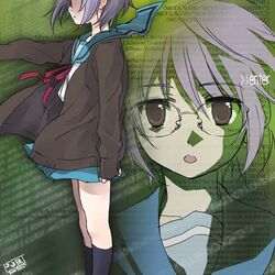  bad_link blue_sailor_collar blue_skirt cardigan female furudori_yayoi glasses kita_high_school_uniform lowres nagato_yuki sailor_collar school_uniform serafuku skirt solo suzumiya_haruhi_no_yuuutsu winter_uniform 