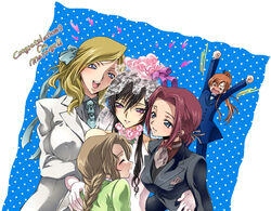  1boy 4girls bride code_geass crossdressing dress english_text engrish_text formal iyou kouzuki_kallen lelouch_vi_britannia milly_ashford mizuno_poppo multiple_girls nunnally_vi_britannia pant_suit pants ranguage shirley_fenette suit wedding_dress 