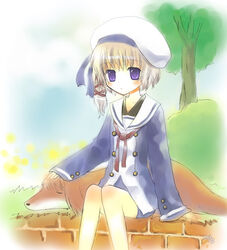  bad_link brick bush canine female grass hair_ribbon hat koro niki_baltretti purple_eyes ribbon sapphism_no_gensou school_uniform serafuku shima_yukiwa solo tree 