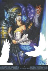  1boy absurdres age_difference armor armored_dress bare_shoulders beard bird blunt_bangs breasts cape choker cleavage closed_eyes crossed_legs crown crystal detached_sleeves dress facial_hair fantasy father_and_daughter feathers female flat_chest flying frills frown gwendolyn_(odin_sphere) hair_bun hair_ornament hairband highres holding long_hair looking_at_viewer medium_breasts non-web_source odin_(odin_sphere) odin_sphere official_art parted_bangs pillar polearm purple_eyes scan shirai_yasuo short_dress short_hair sideboob silhouette single_hair_bun sitting size_difference spear standing star_(symbol) strapless strapless_dress thighhighs tiara translated valkyrie weapon white_hair wings zettai_ryouiki 