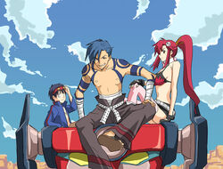  2boys bare_shoulders belt bikini bikini_top_only blue_hair blue_sky breasts brown_eyes cloud collarbone day desert female goggles goggles_on_head hair_ornament kamina_(ttgl) lagann long_hair looking_at_viewer medium_breasts multiple_boys nipples no_shirt outdoors pants photoshop_(medium) ponytail red_hair short_shorts shorts sideboob simon_(ttgl) sitting skull_hair_ornament sky spread_legs swimsuit tattoo tengen_toppa_gurren_lagann thighhighs topless_male toshibou_(satsukisou) yoko_littner 