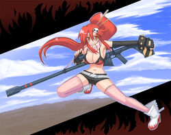  anti-materiel_rifle bikini bikini_top_only black_shorts breasts day female full_body gun kurakumo_nue long_hair no_shirt red_hair rifle short_shorts shorts sniper_rifle solo swimsuit tengen_toppa_gurren_lagann thighhighs weapon yoko_littner 