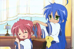  2girls :3 ^_^ absurdres ahoge blush bow bowtie closed_eyes comp_h&#039;s hair_ribbon hairdressing highres izumi_konata kobayakawa_yutaka long_hair lucky_star mole mole_under_eye multiple_girls official_art ribbon ryouou_school_uniform school_uniform serafuku skirt smile tying_hair very_long_hair yamada_naoko yellow_bow yellow_bowtie 