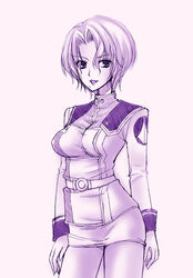  1990s_(style) belt breasts cowboy_shot female grin hair_between_eyes lipstick long_sleeves looking_at_viewer macross macross_7 makeup medium_breasts mika_mikan military military_uniform miniskirt mole mole_under_mouth monochrome parted_bangs pencil_skirt photoshop_(medium) retro_artstyle roundel sally_ford science_fiction short_hair simple_background sketch skirt sleeve_cuffs smile solo standing turtleneck u.n._spacy uniform 