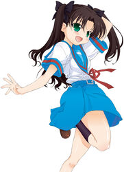  black_socks blue_sailor_collar blue_skirt cosplay fate/stay_night fate_(series) female hands kita_high_school_uniform long_hair parody photoshop_(medium) sailor_collar school_uniform serafuku skirt socks solo summer_uniform suzumiya_haruhi_no_yuuutsu tohsaka_rin yamaguchi_homupe 