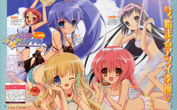  5girls absurdres akihime_sumomo armpits barefoot beach bikini black_hair blonde_hair blue_eyes blue_hair day dengeki_g&#039;s food fukamichi_nobuko highres ibe_yukiko koiwai_flora magazine_scan multiple_girls nanatsuiro_drops official_art one_eye_closed outdoors pink_hair popsicle red_eyes red_hair scan side_ponytail swimsuit talking yaeno_nadeshiko yuuki_nona 